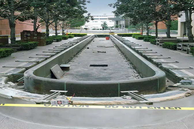 Water feature repair and pedestrian deck coating project at One California Plaza, Los Angeles, CA by Angelus Waterproofing