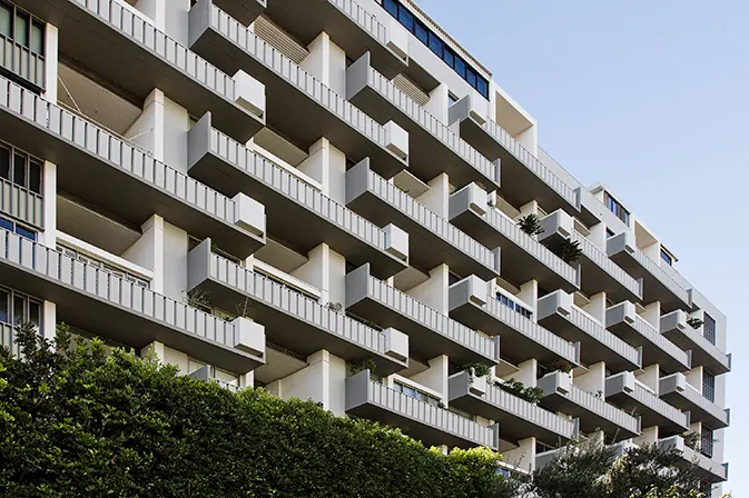 Elastomeric Wall Coating applied to vertical surfaces at Wilshire Terrace Residential Tower, Los Angeles, CA